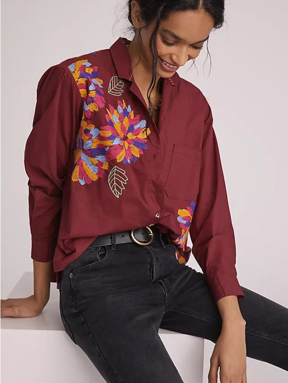 Maeve Anthropologie Burgundy Button-Down Shirt with Multicolor Floral Embroidery
